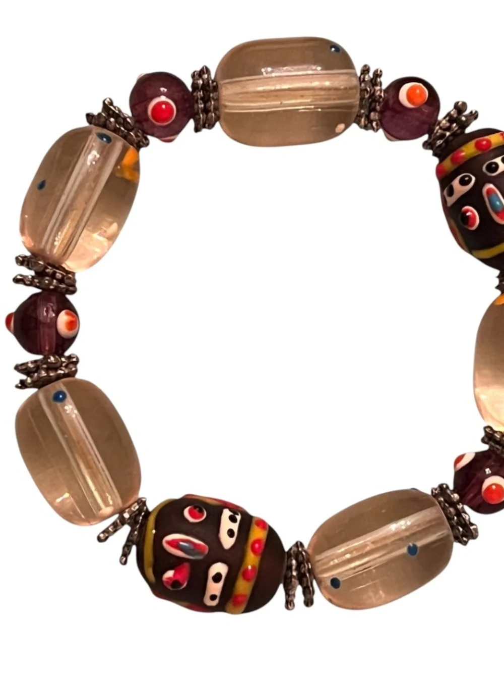 Vintage Face Trade Bead Stretch Bracelet Tribal Folk Art Jewelry Unisex